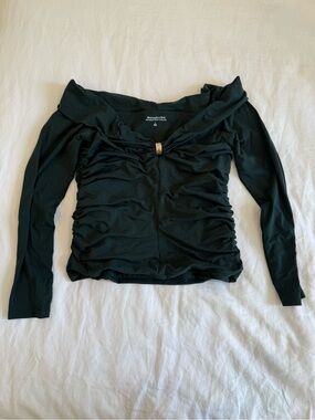 Abercrombie & Fitch dark green Off-Shoulder Ruched Long Sleeve Top with Clasp